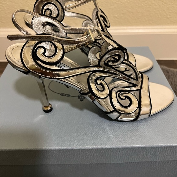 Prada silver designed sandals with fierce heel. - Picture 2 of 5